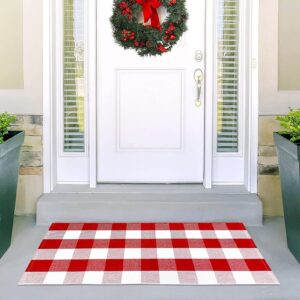 ustide cotton buffalo plaid rug red&white check rugs 23.6"x51" hand-woven indoor or outdoor rugs for layered door mats washable carpet for front porch/kitchen/farmhouse/entryway