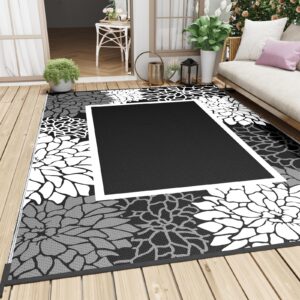 Outdoor Rug Reversible Waterproof-Patio Rug Floral Outdoor Plastic Straw Rugs for Patio Decor- Outdoor Area Rug for Balcony Porch Deck Backyard-Camping Mat for Outside Your RV 5'x8' Black&White