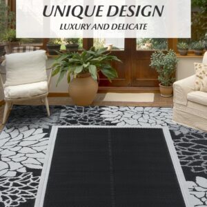 Outdoor Rug Reversible Waterproof-Patio Rug Floral Outdoor Plastic Straw Rugs for Patio Decor- Outdoor Area Rug for Balcony Porch Deck Backyard-Camping Mat for Outside Your RV 5'x8' Black&White