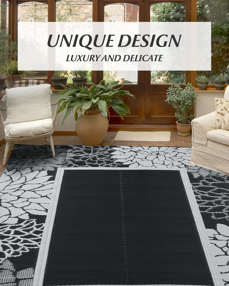 Outdoor Rug Reversible Waterproof-Patio Rug Floral Outdoor Plastic Straw Rugs for Patio Decor- Outdoor Area Rug for Balcony Porch Deck Backyard-Camping Mat for Outside Your RV 5'x8' Black&White