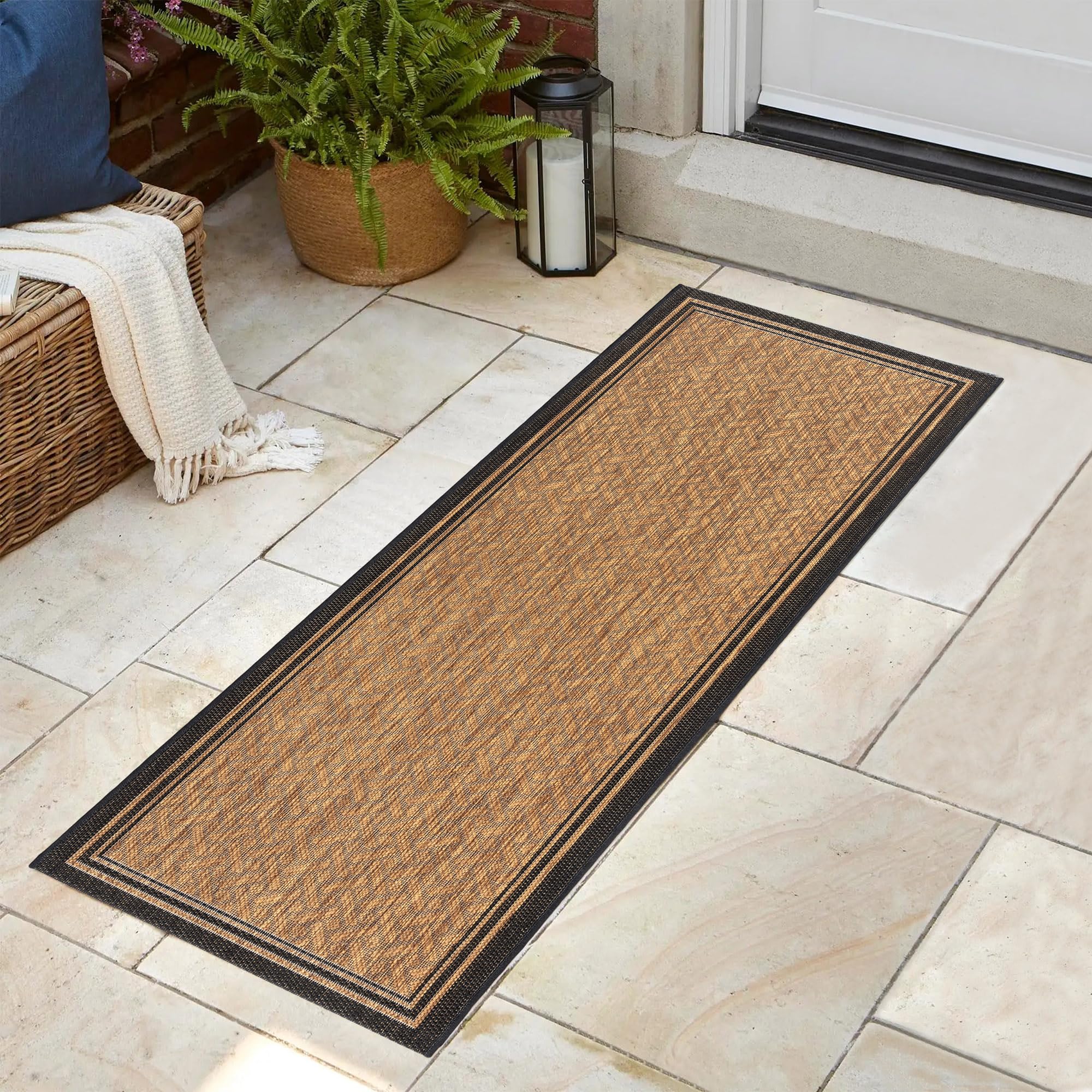 Gertmenian Indoor Outdoor Classic Flatweave Area Rug, Stain & UV Resistant Carpet, Deck, Patio, Poolside & Mudroom, 2x6 Ft Runner, Simple Border, Black Tan, 22013