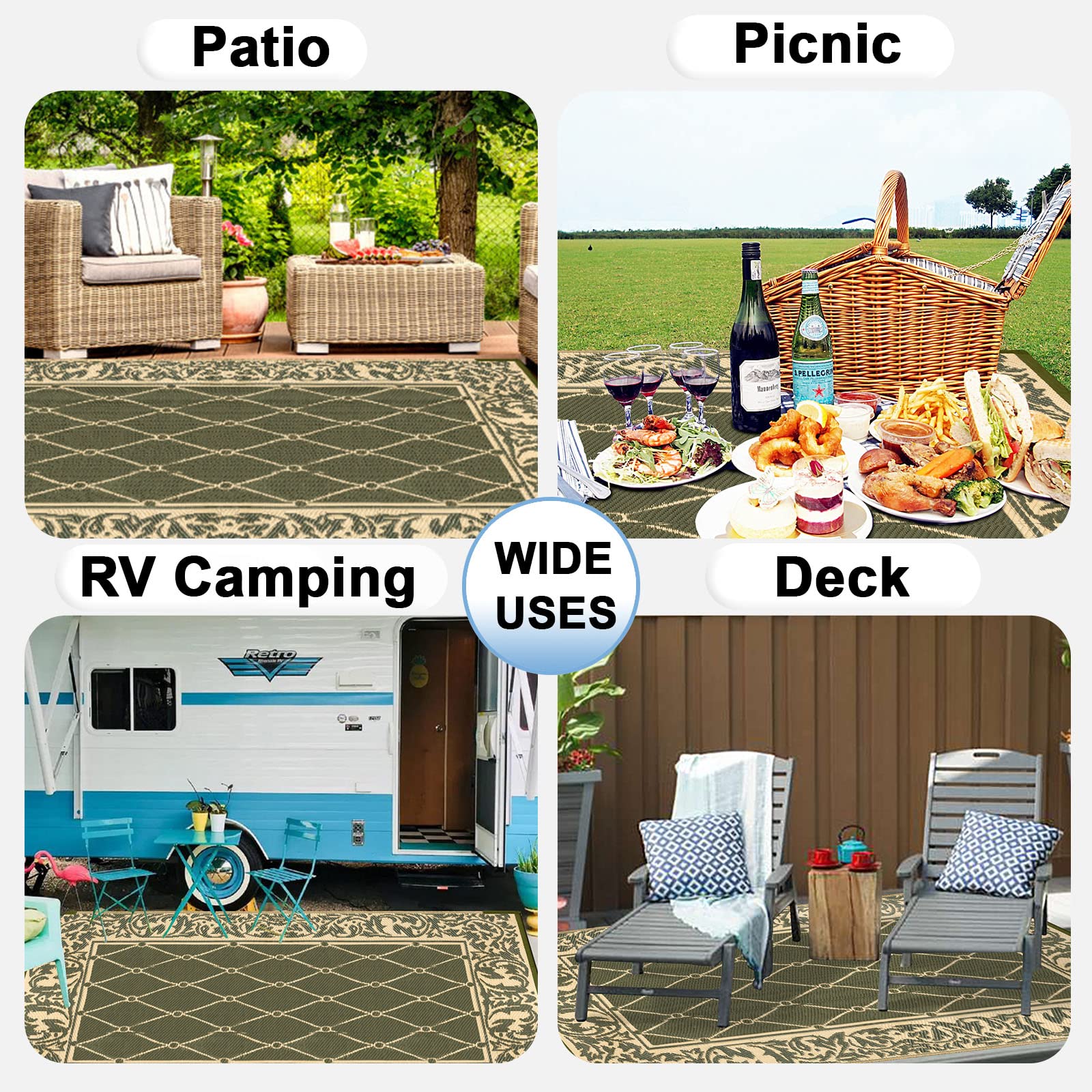 OutdoorLines Indoor Outdoor Rugs for Patio 4x6 ft - Reversible Outside Carpet, Stain & UV Resistant Portable RV Mat, Plastic Straw Rug for Camping, Pool Deck, Porch Rhombus Deep Lichen Green & Vanilla