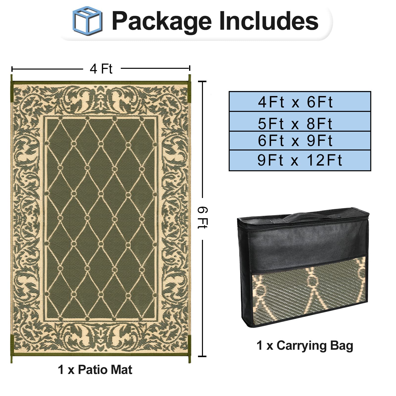 OutdoorLines Indoor Outdoor Rugs for Patio 4x6 ft - Reversible Outside Carpet, Stain & UV Resistant Portable RV Mat, Plastic Straw Rug for Camping, Pool Deck, Porch Rhombus Deep Lichen Green & Vanilla