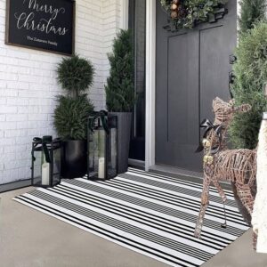 kahouen black and white striped outdoor rug 27.5"x43", front porch rug, hand woven cotton washable striped layered doormats for layered door mats porch/kitchen/laundry room/farmhouse/entryway