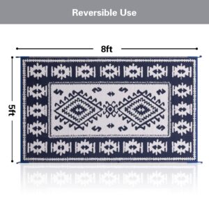 Carvapet Outdoor Reversible Rugs Waterproof Plastic Straw Area Rug Portable Non Slip Bohemia Style PP Mat for Picnic, RV, Patio, Camping, Decking, Trailers, Navy&White, 5’x8’