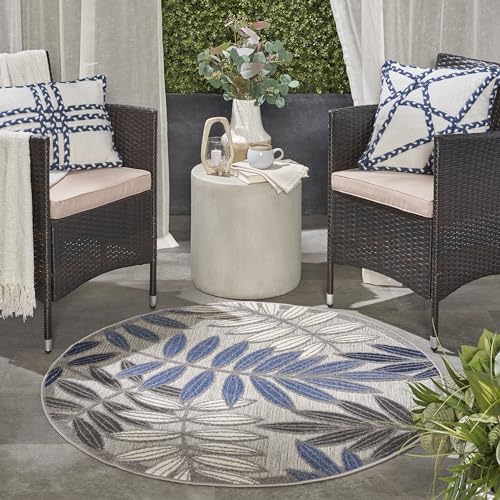 Nourison Aloha Indoor/Outdoor Grey/Blue 4' x Round Area Rug, Easy Cleaning, Non Shedding, Bed Room, Living Room, Dining Room, Backyard, Deck, Patio (4 Round)