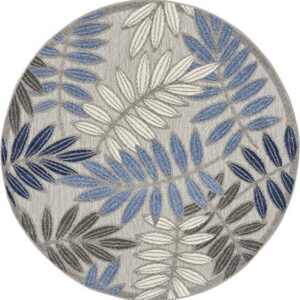 Nourison Aloha Indoor/Outdoor Grey/Blue 4' x Round Area Rug, Easy Cleaning, Non Shedding, Bed Room, Living Room, Dining Room, Backyard, Deck, Patio (4 Round)