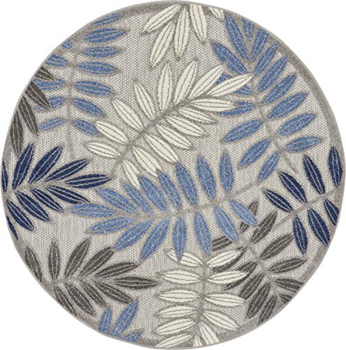 Nourison Aloha Indoor/Outdoor Grey/Blue 4' x Round Area Rug, Easy Cleaning, Non Shedding, Bed Room, Living Room, Dining Room, Backyard, Deck, Patio (4 Round)