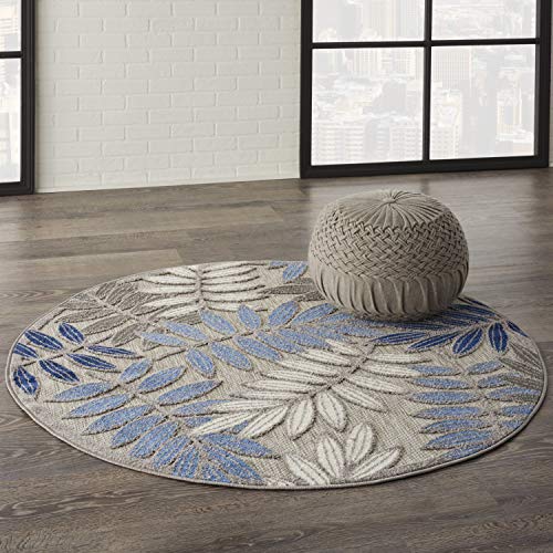 Nourison Aloha Indoor/Outdoor Grey/Blue 4' x Round Area Rug, Easy Cleaning, Non Shedding, Bed Room, Living Room, Dining Room, Backyard, Deck, Patio (4 Round)