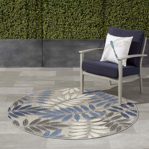 Nourison Aloha Indoor/Outdoor Grey/Blue 4' x Round Area Rug, Easy Cleaning, Non Shedding, Bed Room, Living Room, Dining Room, Backyard, Deck, Patio (4 Round)