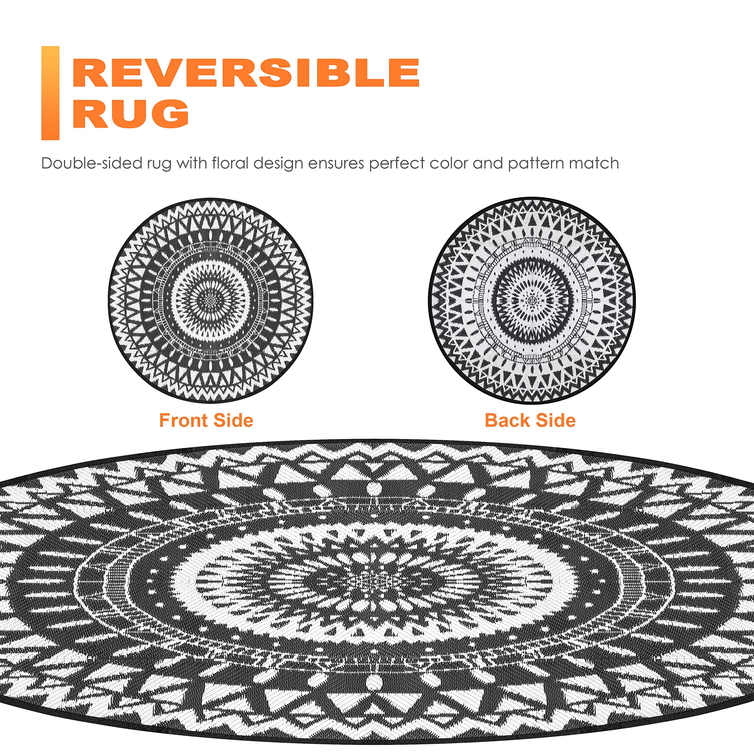 NUU GARDEN Round Outdoor Rug for Patios Plaid Reversible Patio Rug, Plastic Straw Indoor and Outdoor Round Rug for Outdoors, RV, Backyard, Deck, Picnic, Beach, Trailer, Camping, 5 * 5 ft