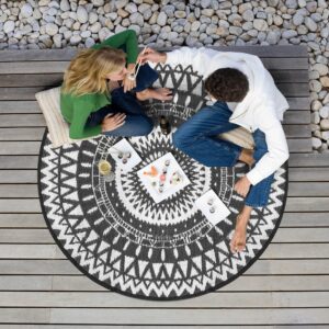 NUU GARDEN Round Outdoor Rug for Patios Plaid Reversible Patio Rug, Plastic Straw Indoor and Outdoor Round Rug for Outdoors, RV, Backyard, Deck, Picnic, Beach, Trailer, Camping, 5 * 5 ft