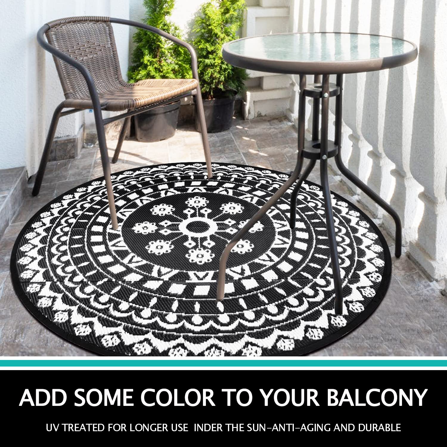 Capslpad Round Outdoor Rug for Patio 5' Reversible Mat Waterproof Plastic Straw Rug Boho Round Indoor Outdoor Area Rug for RV,Backyard,Balcony,Deck,Tent,Picnic,Beach,Camping,w/Carry Bag