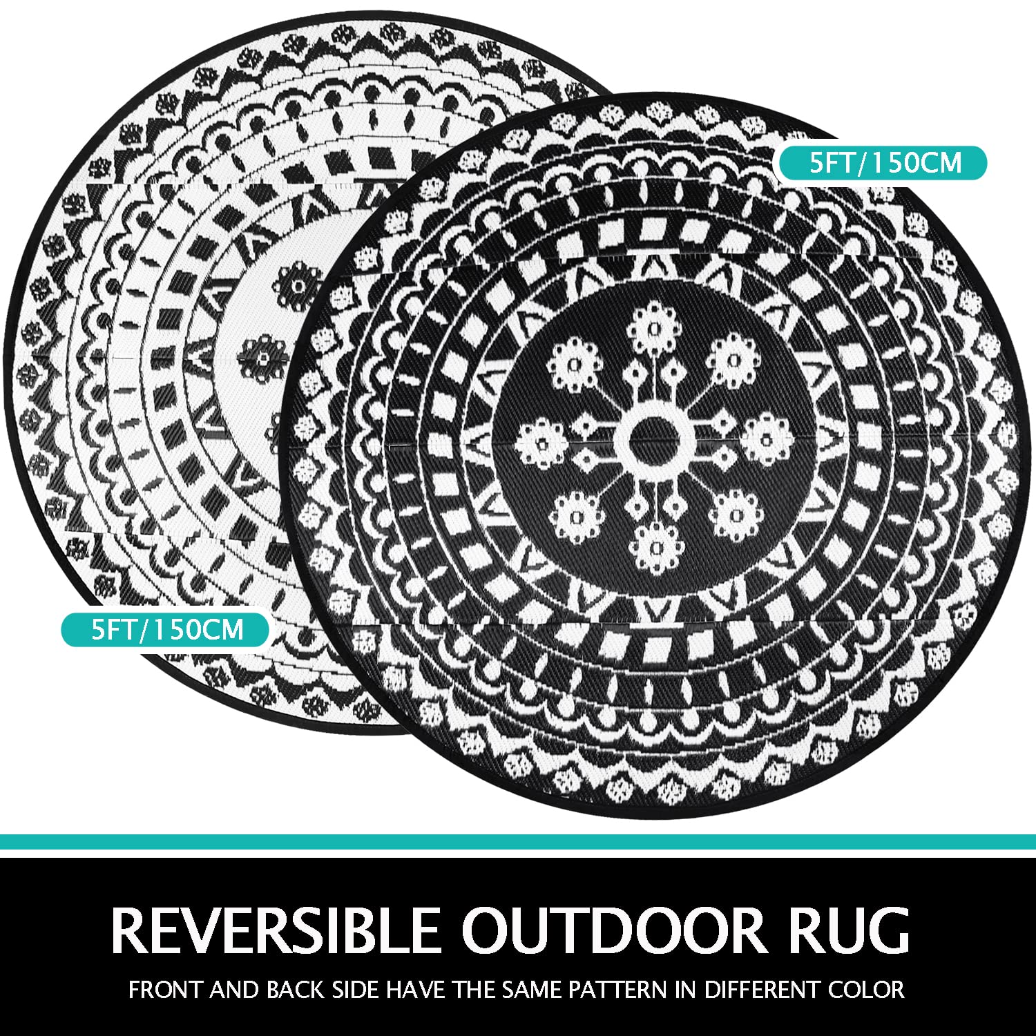 Capslpad Round Outdoor Rug for Patio 5' Reversible Mat Waterproof Plastic Straw Rug Boho Round Indoor Outdoor Area Rug for RV,Backyard,Balcony,Deck,Tent,Picnic,Beach,Camping,w/Carry Bag