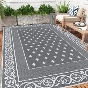 bsmathom reversible outdoor rugs patio rug 6'x9', waterproof plastic straw rug for patios clearance, rv camping rug indoor outdoor area rug for for picnic, rv, deck, backyard, balcony(grey,6'x9')