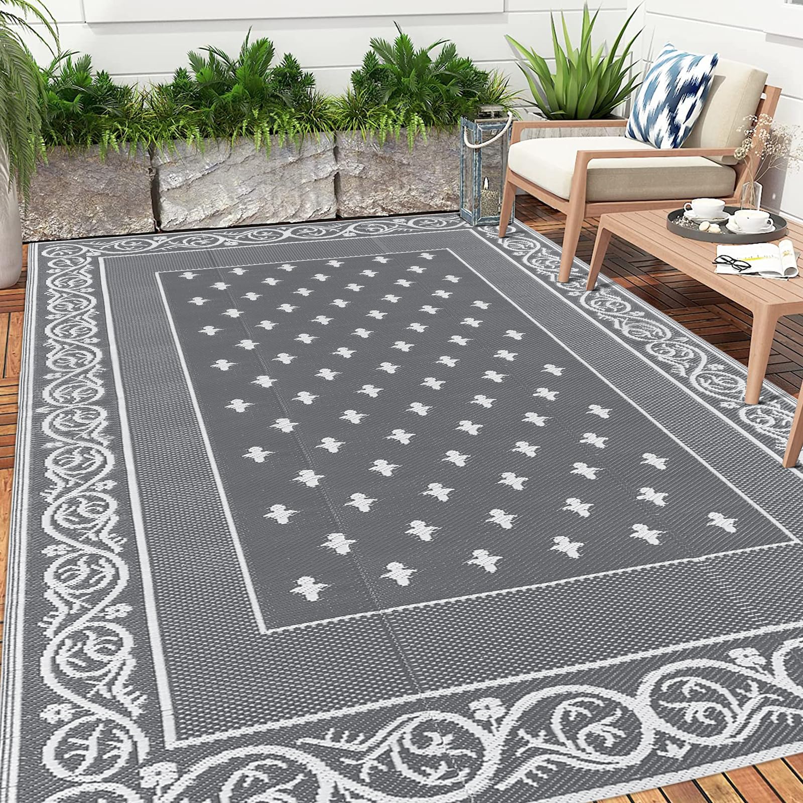 Bsmathom Reversible Outdoor Rugs Patio Rug 6'x9', Waterproof Plastic Straw Rug for Patios Clearance, RV Camping Rug Indoor Outdoor Area Rug for for Picnic, RV, Deck, Backyard, Balcony(Grey,6'x9')