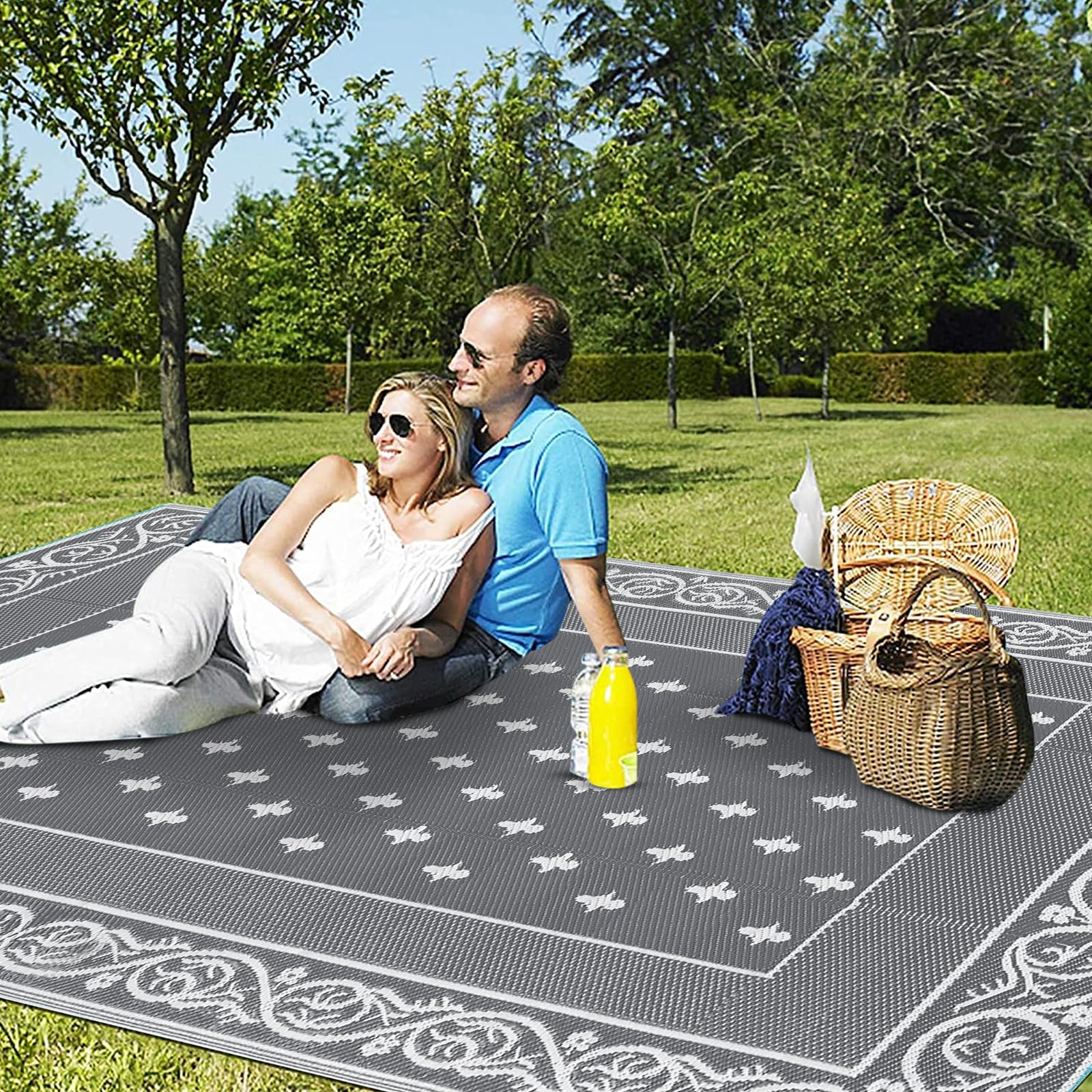 Bsmathom Reversible Outdoor Rugs Patio Rug 6'x9', Waterproof Plastic Straw Rug for Patios Clearance, RV Camping Rug Indoor Outdoor Area Rug for for Picnic, RV, Deck, Backyard, Balcony(Grey,6'x9')