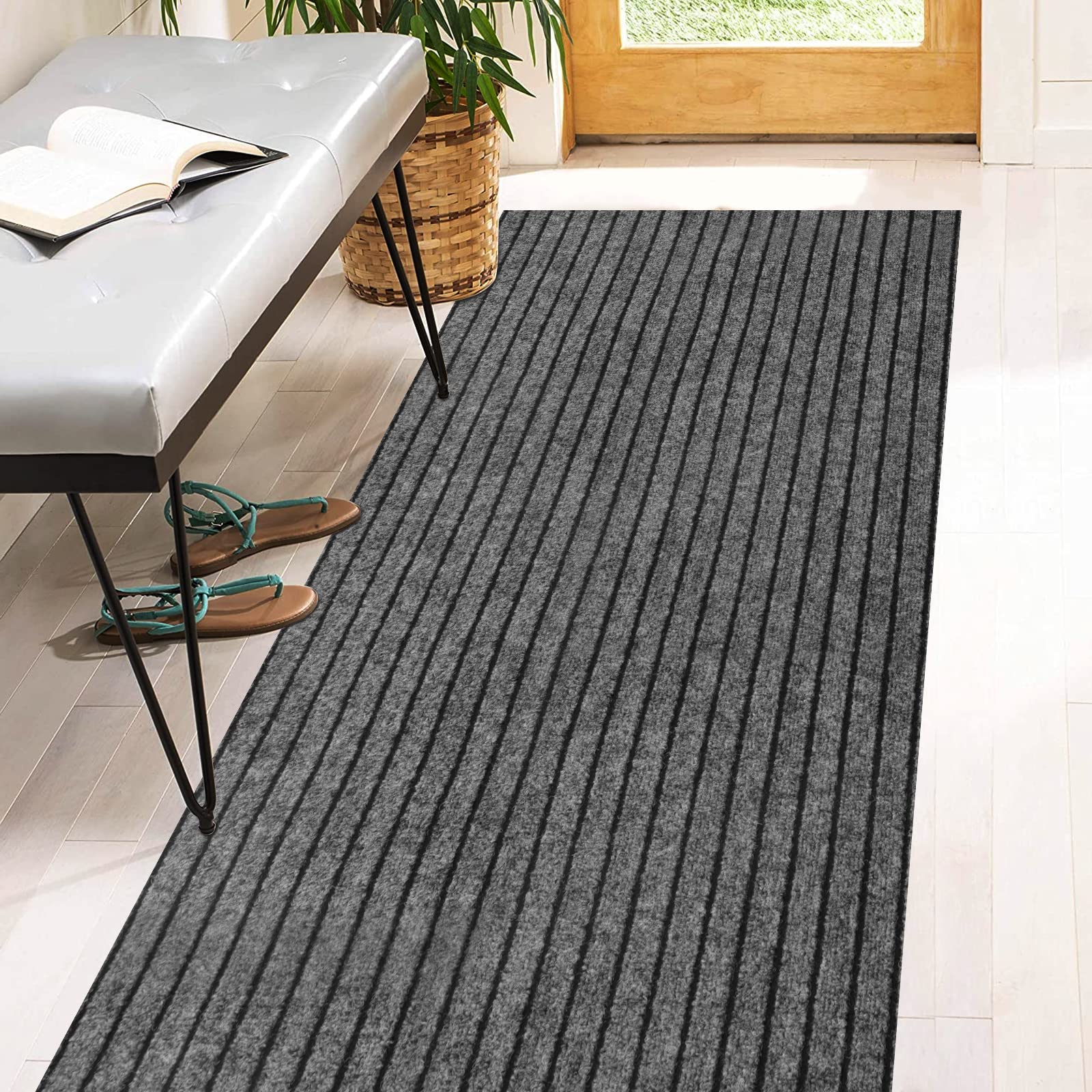 2' x 6' Runner Rugs with Rubber Backing, Indoor Outdoor Utility Carpet Runner Rugs, Stripe Gray, Can Be Used as Aisle for The RV and Boat, Laundry room and Balcony