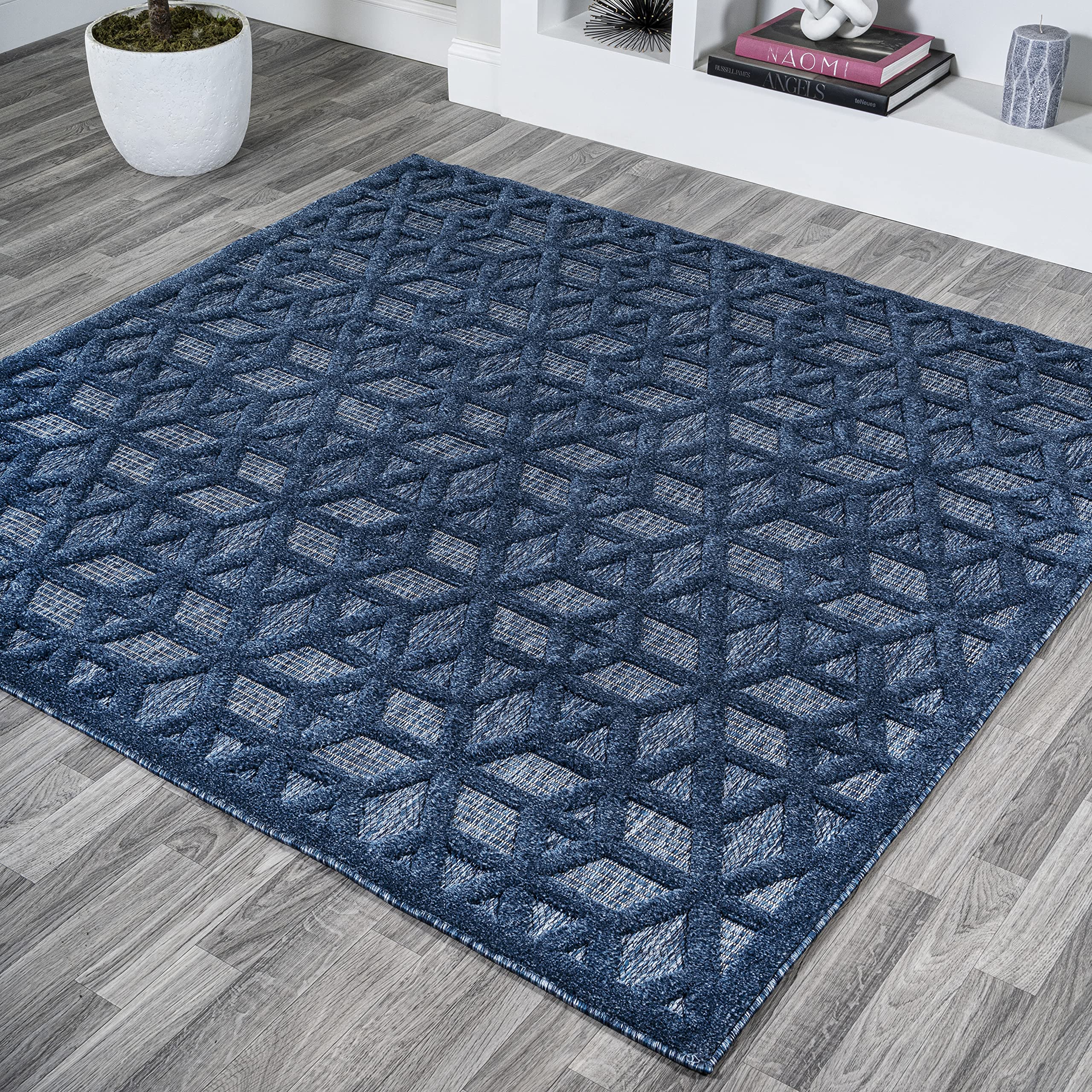 JONATHAN Y IBZ102B-5SQ Talaia Neutral Geometric Indoor Outdoor Area Rug Bohemian Geometric Easy Cleaning Bedroom Kitchen Backyard Patio Porch Non Shedding, 5' Square, Navy,JIBZ102