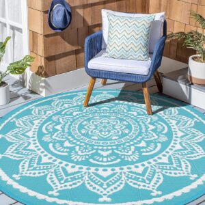 Bsmathom Round Outdoor Rug 6Ft for Patio Clearance, Reversible Outdoor Plastic Straw Camping Rug, Portable Washable Reversible Mats for Camping, RV, Picnic, Beach, Backyard, Pool Deck, Teal