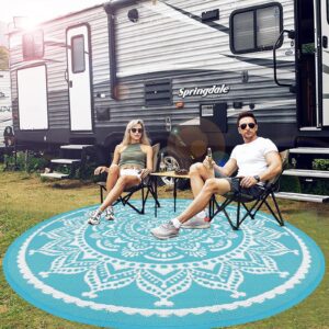 Bsmathom Round Outdoor Rug 6Ft for Patio Clearance, Reversible Outdoor Plastic Straw Camping Rug, Portable Washable Reversible Mats for Camping, RV, Picnic, Beach, Backyard, Pool Deck, Teal