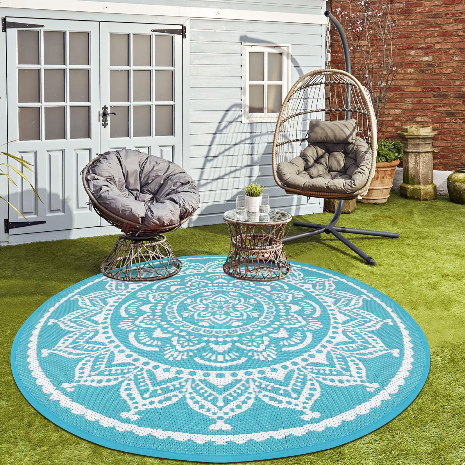 Bsmathom Round Outdoor Rug 6Ft for Patio Clearance, Reversible Outdoor Plastic Straw Camping Rug, Portable Washable Reversible Mats for Camping, RV, Picnic, Beach, Backyard, Pool Deck, Teal