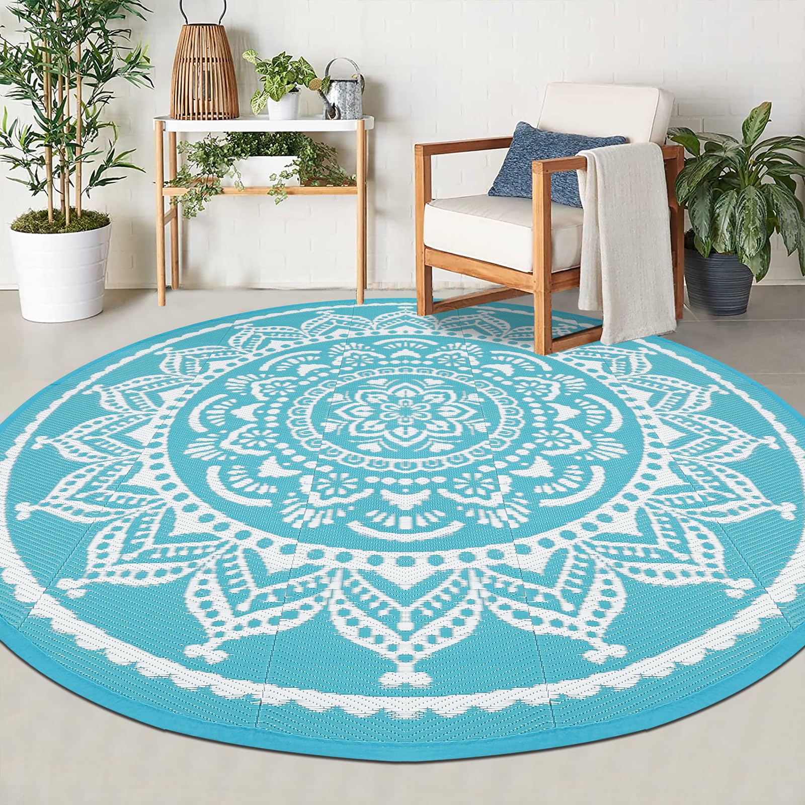 Bsmathom Round Outdoor Rug 6Ft for Patio Clearance, Reversible Outdoor Plastic Straw Camping Rug, Portable Washable Reversible Mats for Camping, RV, Picnic, Beach, Backyard, Pool Deck, Teal