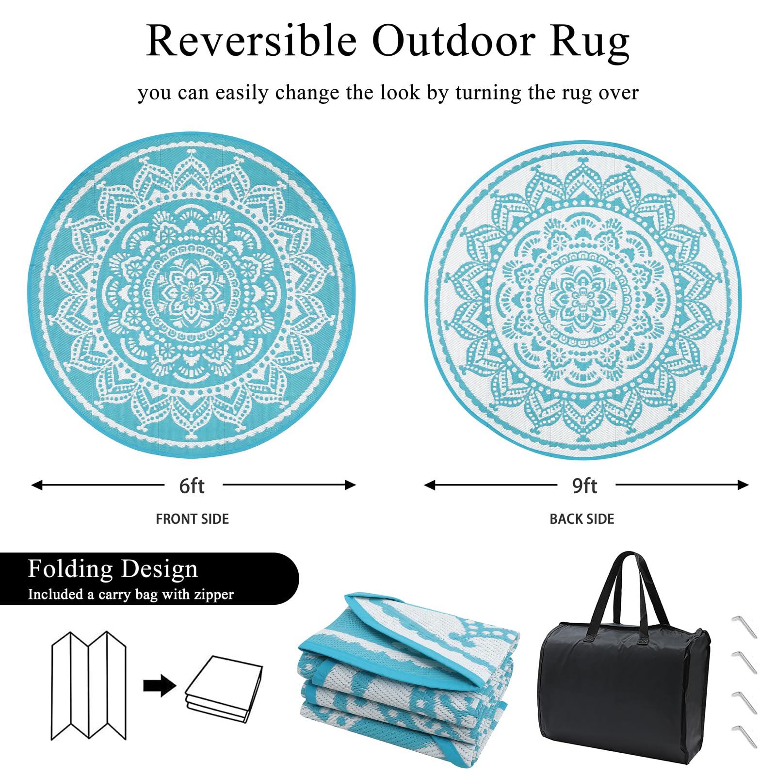 Bsmathom Round Outdoor Rug 6Ft for Patio Clearance, Reversible Outdoor Plastic Straw Camping Rug, Portable Washable Reversible Mats for Camping, RV, Picnic, Beach, Backyard, Pool Deck, Teal