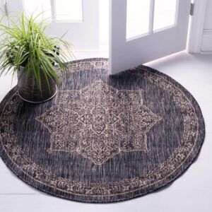 unique loom outdoor traditional collection area rug - antique (4' 1" round, charcoal gray/ natural)