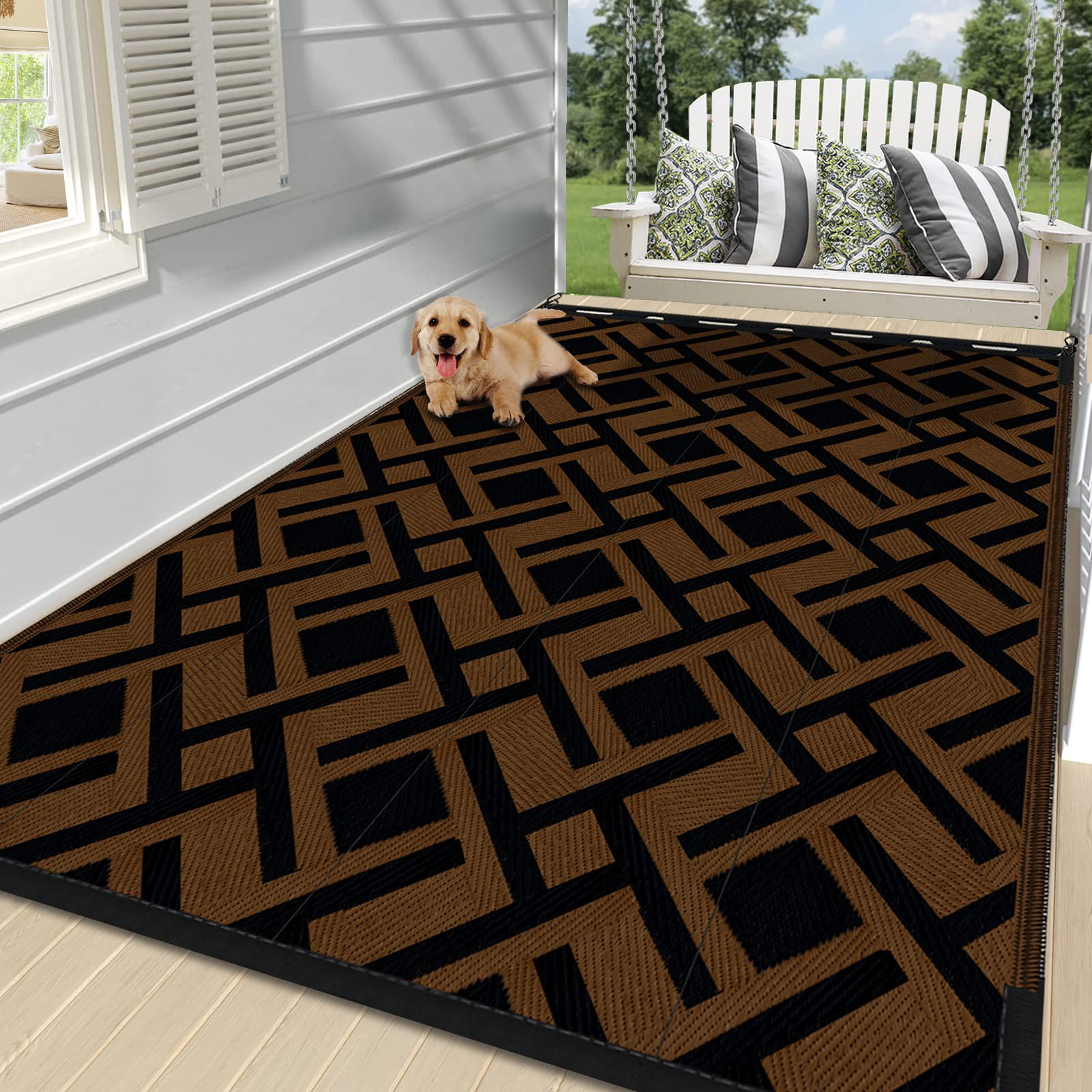 Reyox Outdoor Rugs Reversible Waterproof Mat Plastic Straw Rug with Corner Loops & Stakes Non-Fading RV Camping Mat Portable Patio Rugs Lattice Brown 6x9 ft