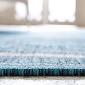 Unique Loom Outdoor Border Collection Area Rug - Soft Border (10'x 14' 1" Rectangle, Teal/ Ivory)