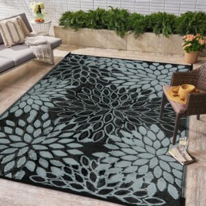 Wonnitar Plastic Outdoor Rugs 5x8,Reversible Outdoor Patio Rug Waterproof RV Camping Rug,Large Portable Outside Tropical Leaf Mat Deck Floor Carpet for Backyard Garden Balcony Picnic,Black/Grey