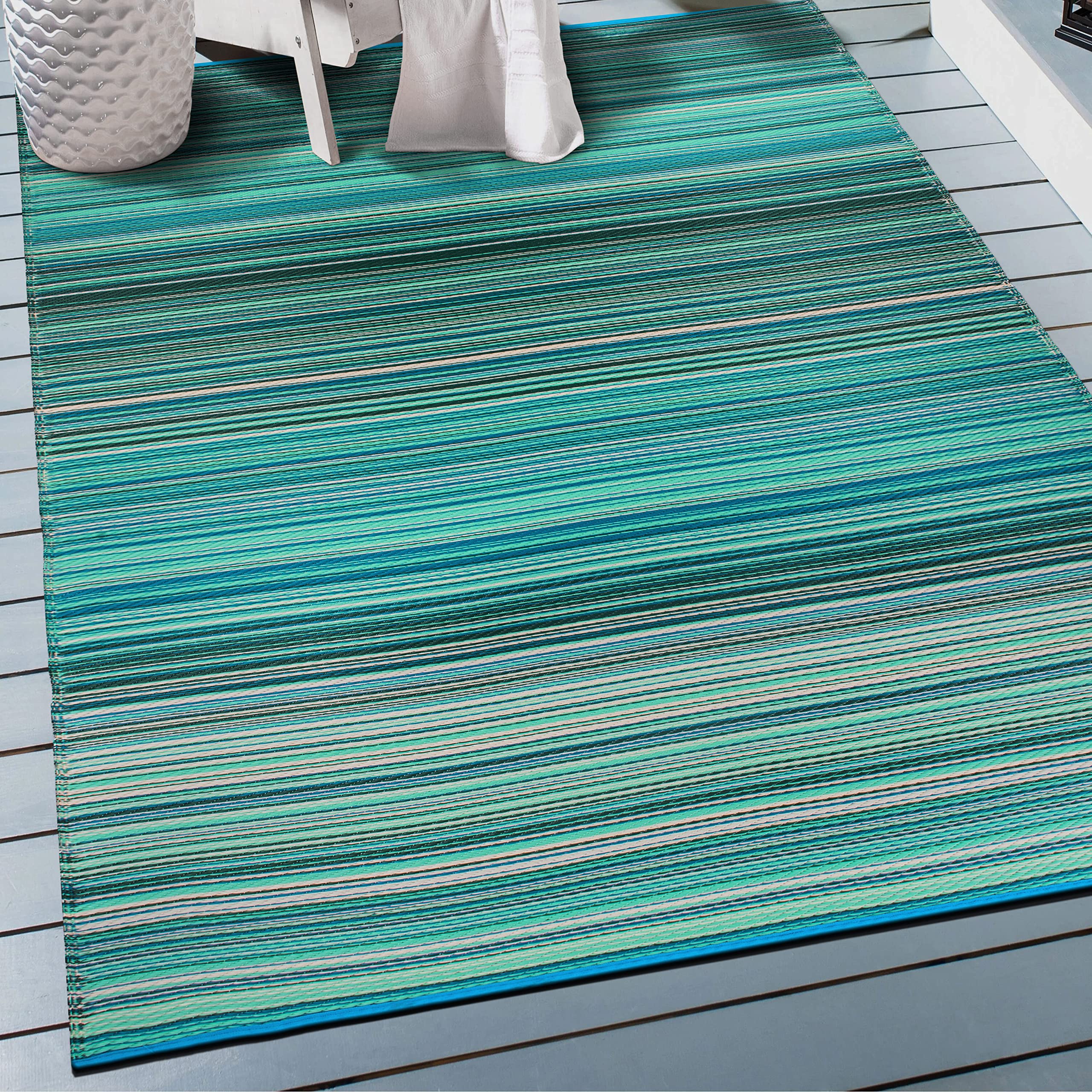 Rugshop Contemporary Stripe Reversible Crease-Free Waterproof Premium Recycled Plastic Outdoor Rugs for Patio,Backyard,RV,Deck,Picnic,Trailer,Beach,Camping Blue 3' x 5'