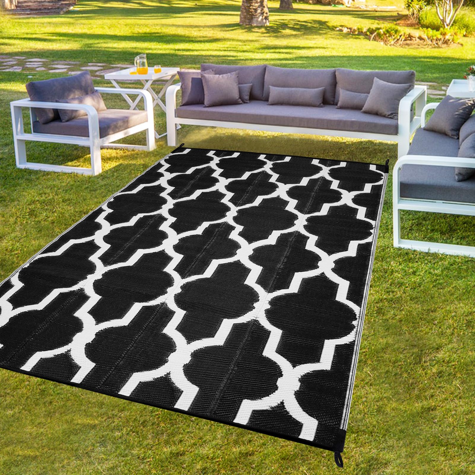 Universe Green Outdoor Rug 5'x8', Outdoor Plastic Straw Rug, Reversible Mats, Area Rug Decor, Waterproof, Portable, Camping Mat Black