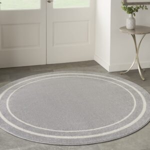 nourison essentials indoor/outdoor solid bordered grey/ivory 4' x round area rug, easy cleaning, non shedding, bed room, living room, dining room, backyard, deck, patio (4 round)