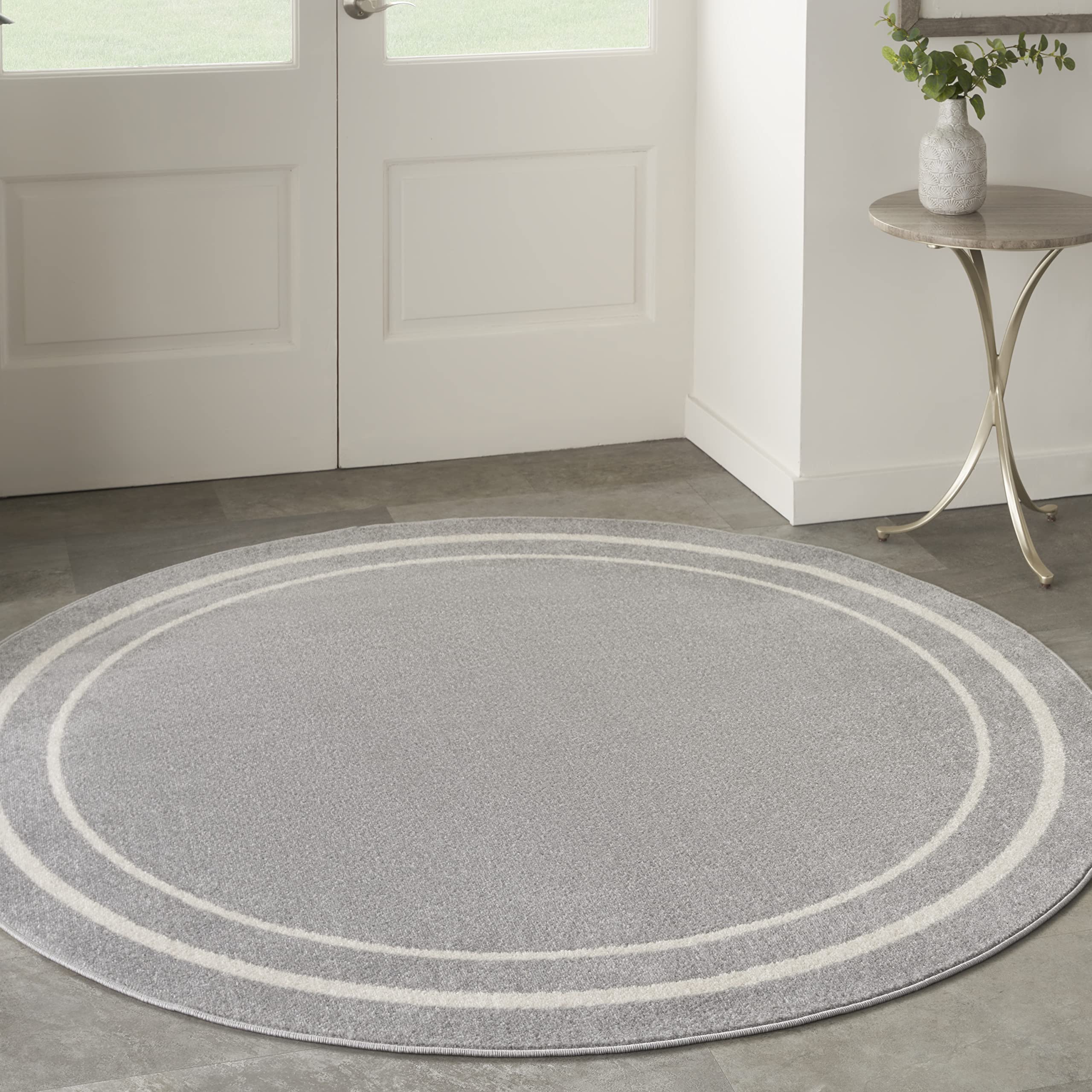 Nourison Essentials Indoor/Outdoor Solid Bordered Grey/Ivory 4' x Round Area Rug, Easy Cleaning, Non Shedding, Bed Room, Living Room, Dining Room, Backyard, Deck, Patio (4 Round)