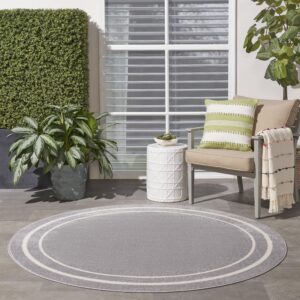 Nourison Essentials Indoor/Outdoor Solid Bordered Grey/Ivory 4' x Round Area Rug, Easy Cleaning, Non Shedding, Bed Room, Living Room, Dining Room, Backyard, Deck, Patio (4 Round)