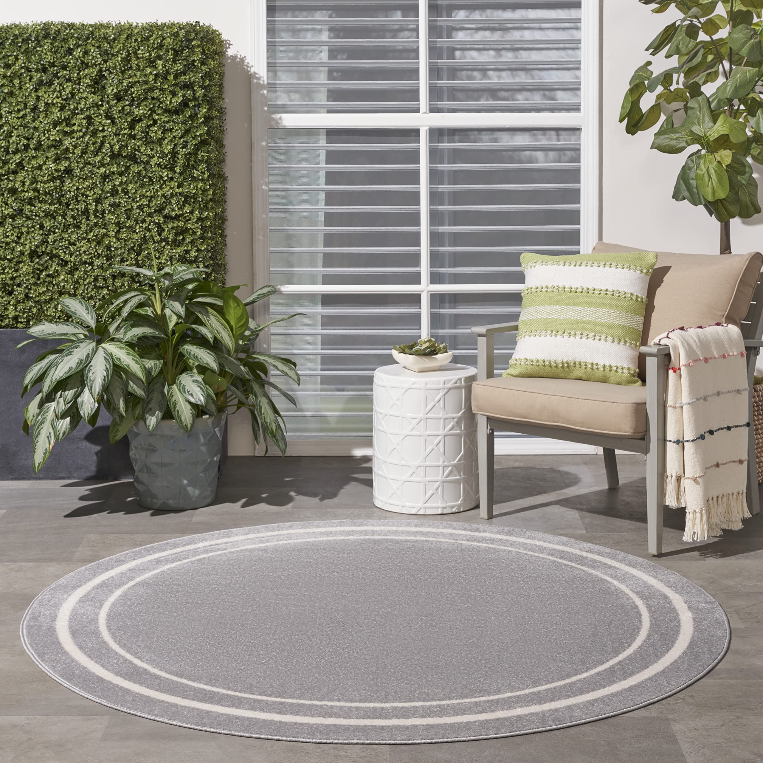 Nourison Essentials Indoor/Outdoor Solid Bordered Grey/Ivory 4' x Round Area Rug, Easy Cleaning, Non Shedding, Bed Room, Living Room, Dining Room, Backyard, Deck, Patio (4 Round)