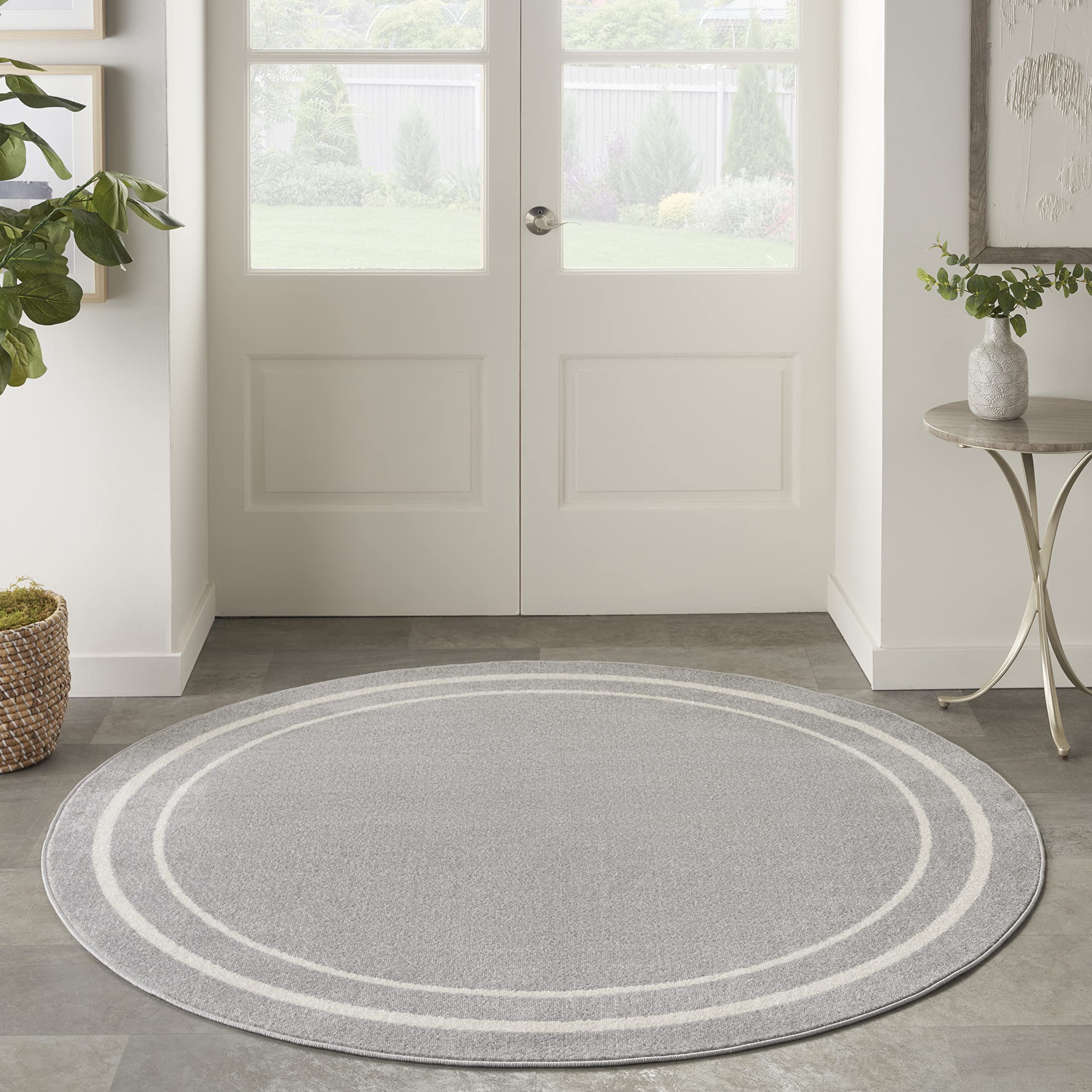 Nourison Essentials Indoor/Outdoor Solid Bordered Grey/Ivory 4' x Round Area Rug, Easy Cleaning, Non Shedding, Bed Room, Living Room, Dining Room, Backyard, Deck, Patio (4 Round)