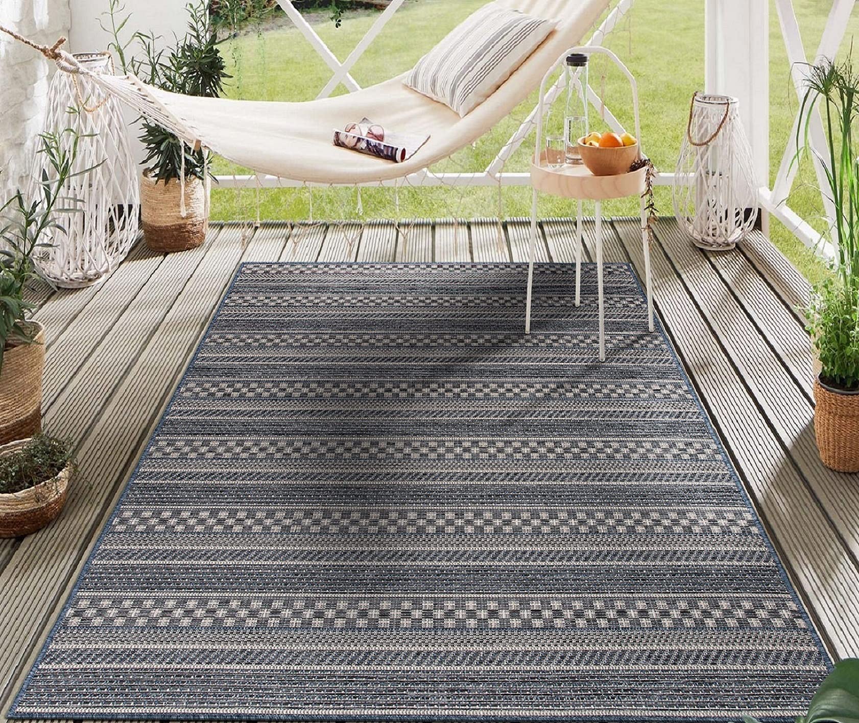 Rugshop Bohemian Stripes for Patio Rugs,Deck Rugs,Balcony Rugs Indoor/Outdoor Area Rug 7'10" x 10' Blue