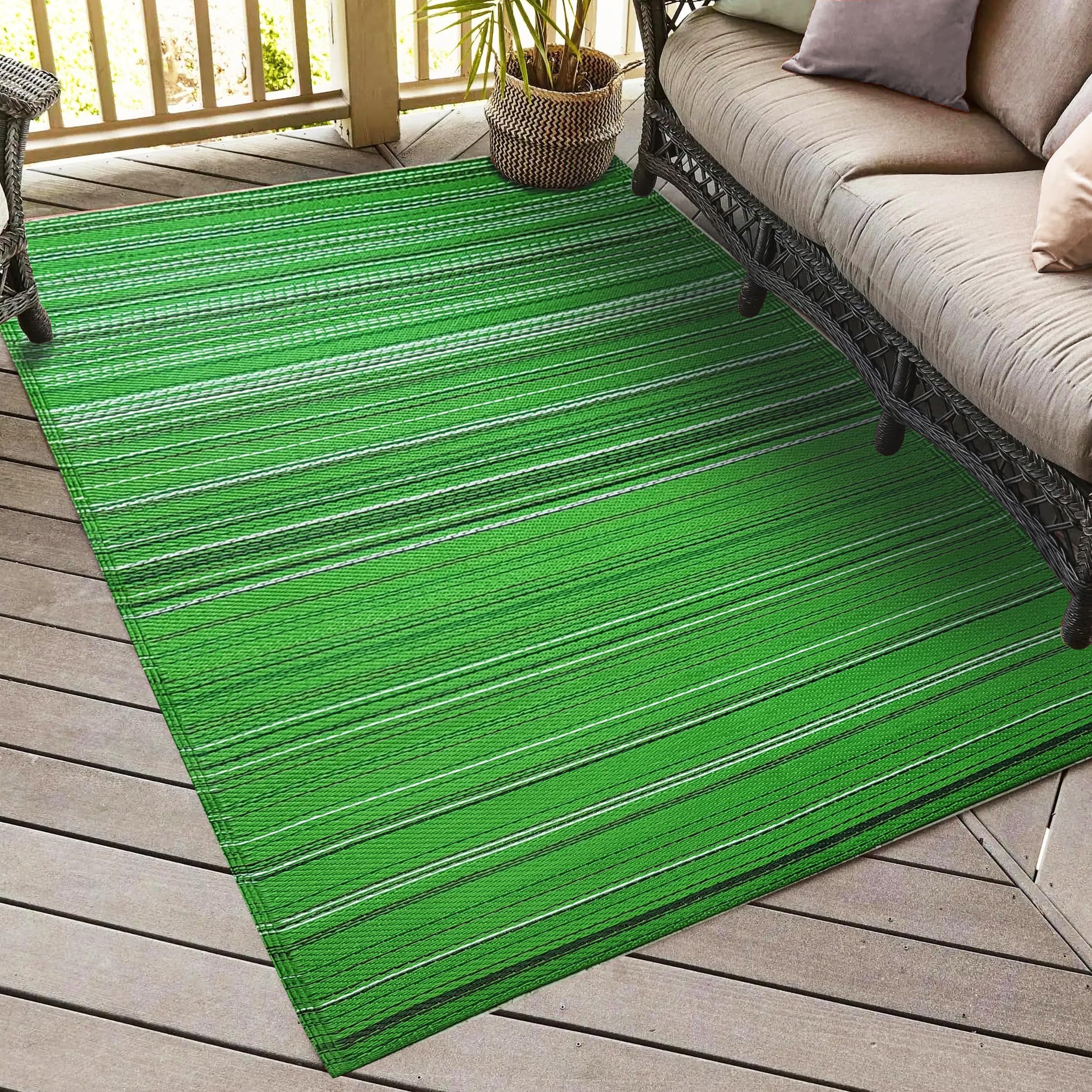 TAKSHA Rolled Outdoor 4X6 ft Striped Fade Resistant Easy Cleaning Plastic Straw Reversible Small Area Rug for Camping Backyard Patio Porch Picnic Travel, Green Rangoli