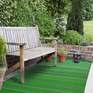 TAKSHA Rolled Outdoor 4X6 ft Striped Fade Resistant Easy Cleaning Plastic Straw Reversible Small Area Rug for Camping Backyard Patio Porch Picnic Travel, Green Rangoli