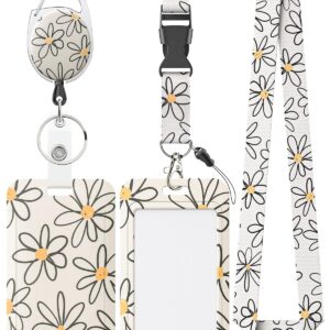 Uniclife Floral Sliding Badge Holder White Flower Plastic Case with Retractable Badge Reel Carabiner Clip and Detachable Lanyard Strap Hard Vertical Card Protector for Women Nurse Teacher Student