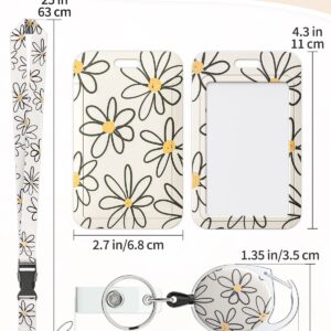 Uniclife Floral Sliding Badge Holder White Flower Plastic Case with Retractable Badge Reel Carabiner Clip and Detachable Lanyard Strap Hard Vertical Card Protector for Women Nurse Teacher Student