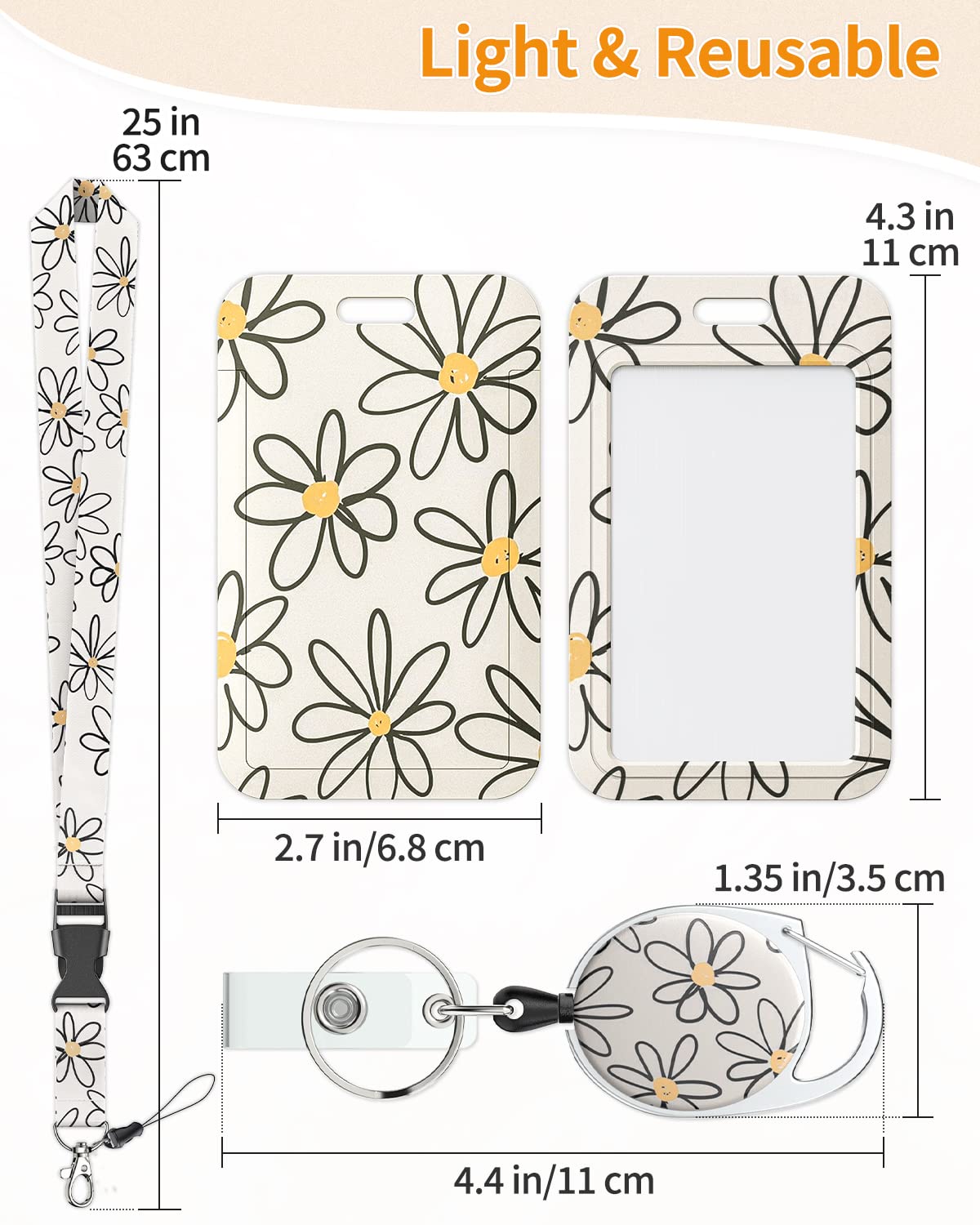 Uniclife Floral Sliding Badge Holder White Flower Plastic Case with Retractable Badge Reel Carabiner Clip and Detachable Lanyard Strap Hard Vertical Card Protector for Women Nurse Teacher Student