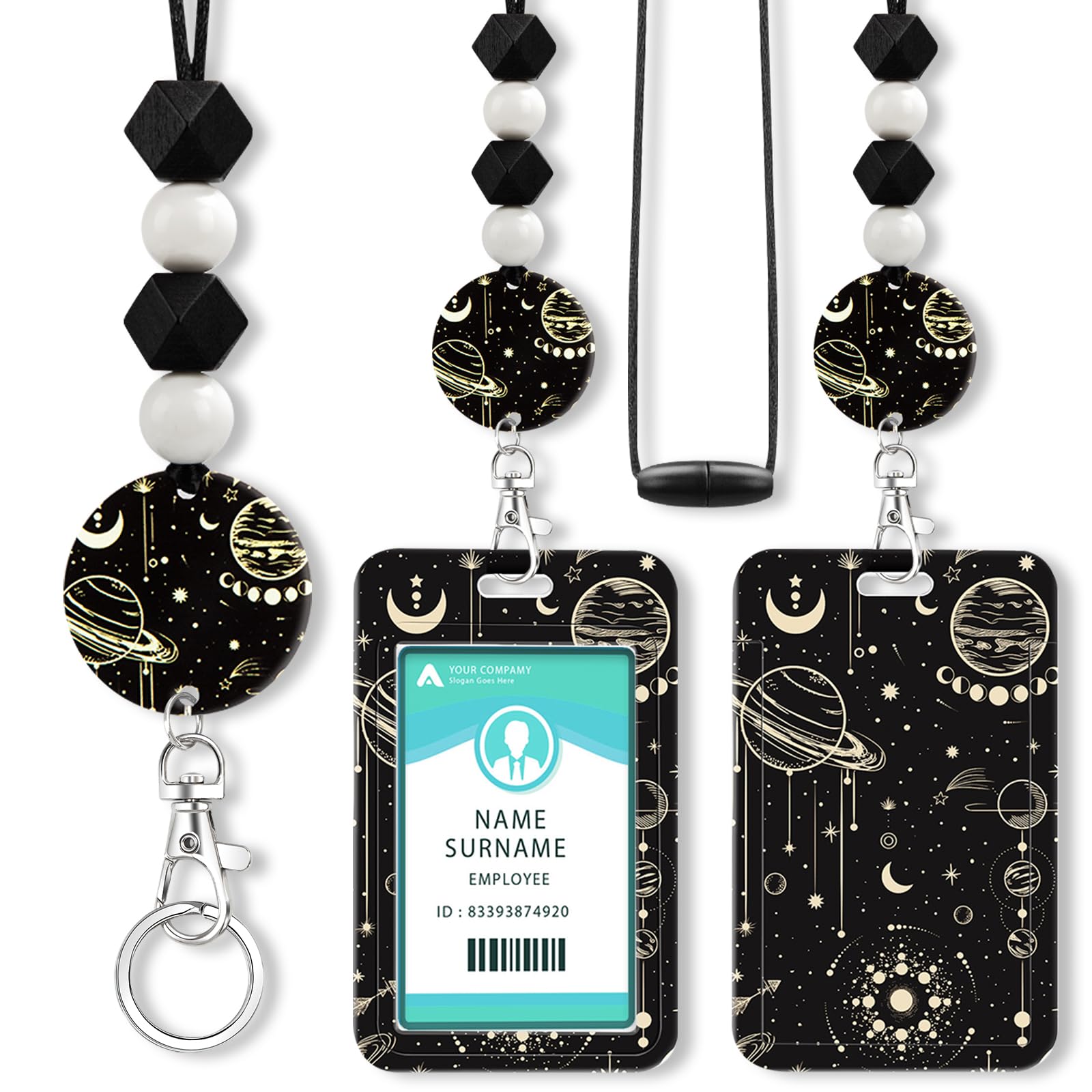 ID Badge Holder with Lanyard Teacher Cute Badge Holders with Wooden Beaded Adjustable Neck Lanyards Keychain for Women Kids Nurses Doctors Student