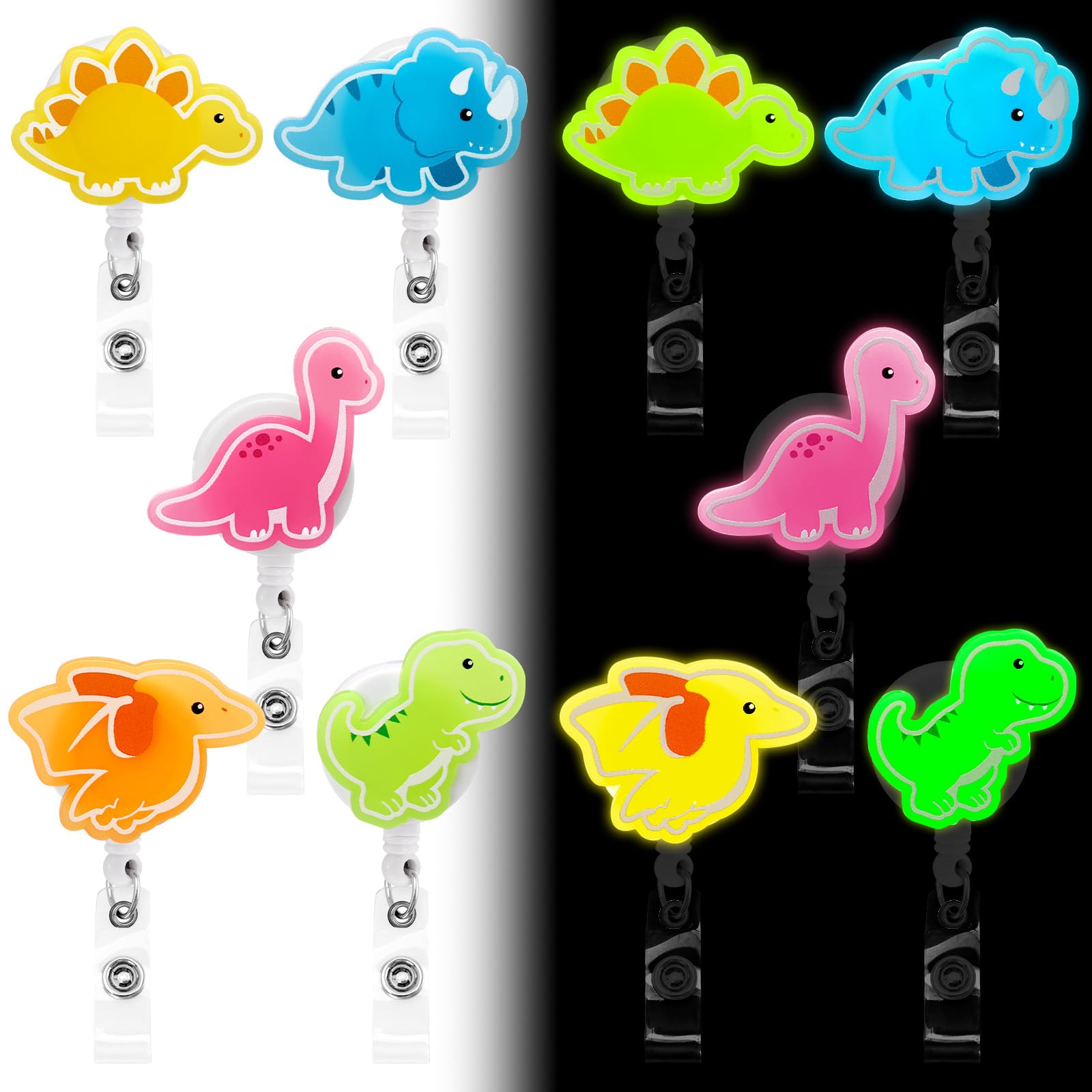 Xylolfsty Dinosaur Badge Reels 5PCS Glowing in The Dark Nurse ID Badge Holder Retractable Clip Night Shift Luminous Doctor Pediatric Nursing Teacher Office School Cute T-rex Acrylic Badge Gifts