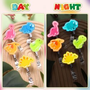 Xylolfsty Dinosaur Badge Reels 5PCS Glowing in The Dark Nurse ID Badge Holder Retractable Clip Night Shift Luminous Doctor Pediatric Nursing Teacher Office School Cute T-rex Acrylic Badge Gifts