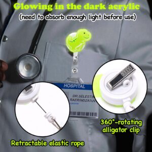 Xylolfsty Dinosaur Badge Reels 5PCS Glowing in The Dark Nurse ID Badge Holder Retractable Clip Night Shift Luminous Doctor Pediatric Nursing Teacher Office School Cute T-rex Acrylic Badge Gifts