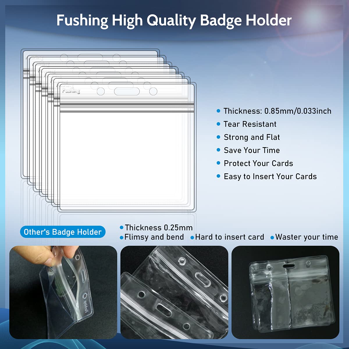 Fushing 20Pcs Extra Thick ID Badge Holders, Exclusive Double-Deck 3x4 Clear Plastic Horizontal Name Tag Badge ID Card Holders, Single Layer Thickness 0.4mm Thicker 60% Than Standard 0.25mm